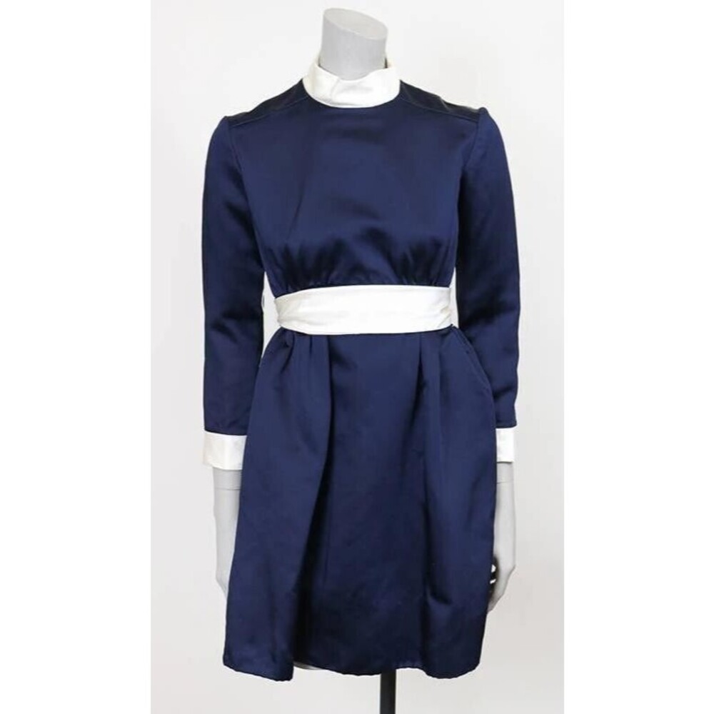 SOLD Vintage 1960s 60s Mr. Mort Blue Satin Long Sleeve Bubble Mini Dress XS